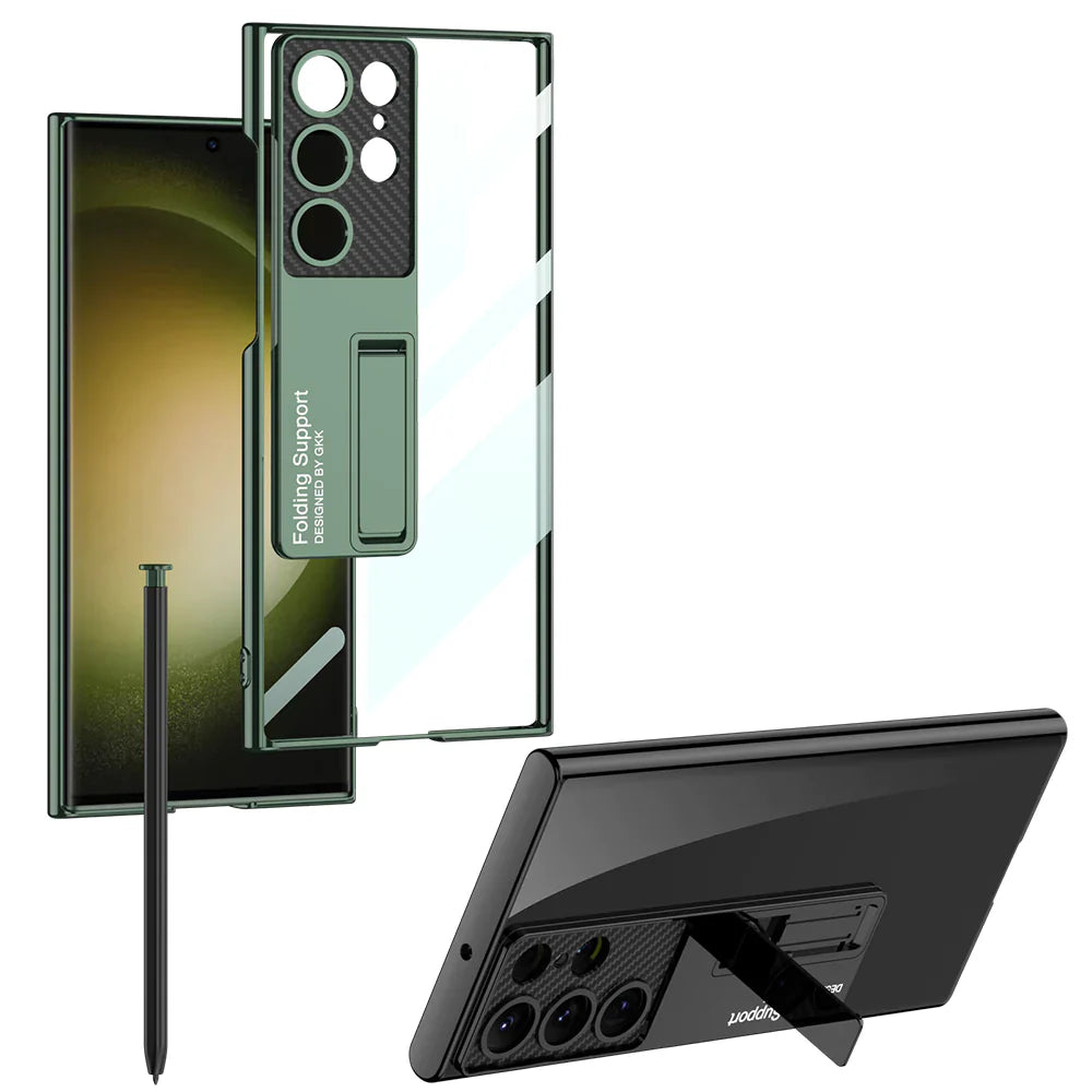Samsung Galaxy S24 Ultra Luxury Cristal Clear Camera Carbon Back Cover With Stand