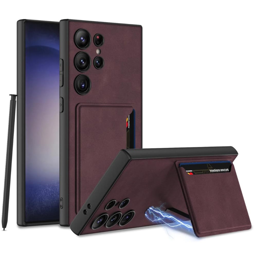 Ultra Hybrid Premium Leather Card Holder Kickstand Case for Samsung Galaxy S24 Ultra Back Case-Black