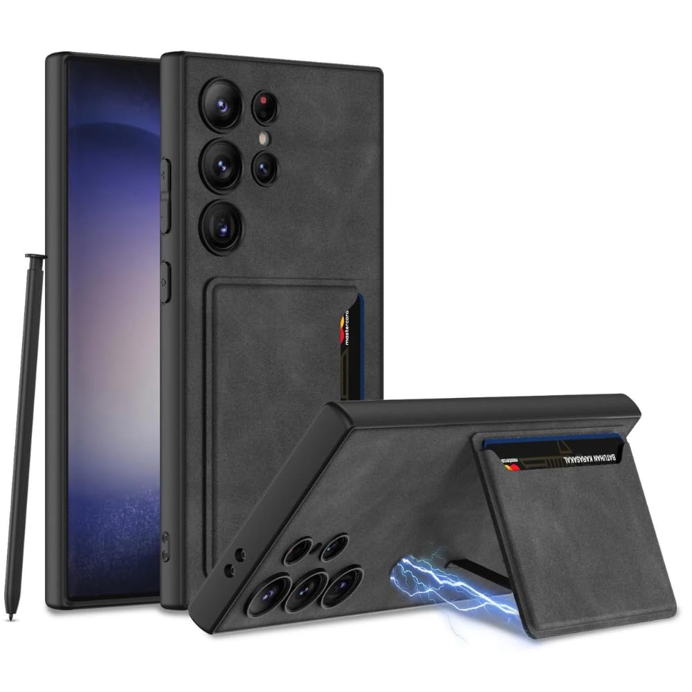 Ultra Hybrid Premium Leather Card Holder Kickstand Case for Samsung Galaxy S24 Ultra Back Case-Black