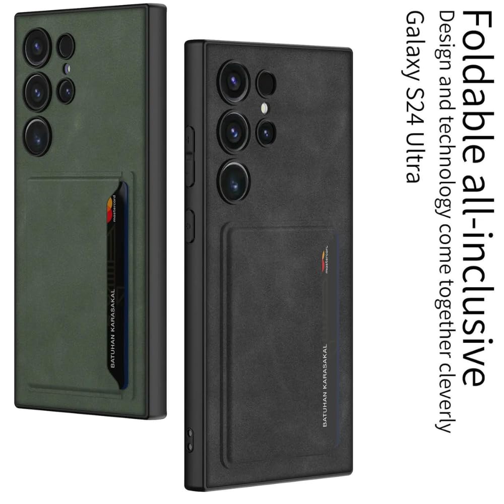 Ultra Hybrid Premium Leather Card Holder Kickstand Case for Samsung Galaxy S24 Ultra Back Case-Black