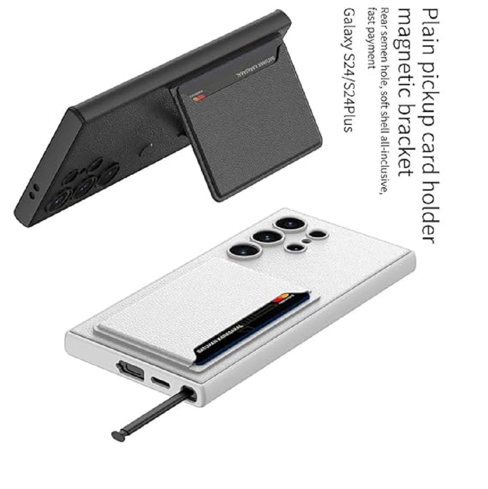 Ultra Hybrid Premium Leather Card Holder Kickstand Case for Samsung Galaxy S24 Ultra Back Case-Black