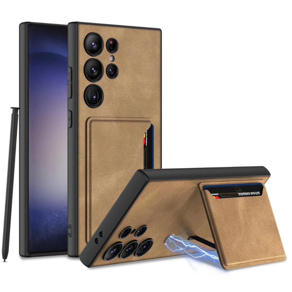 Ultra Hybrid Premium Leather Card Holder Kickstand Case for Samsung Galaxy S24 Ultra Back Case-Black