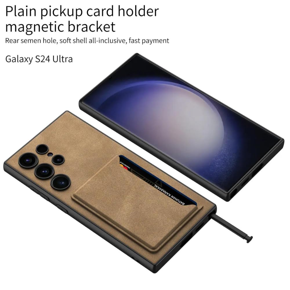 Ultra Hybrid Premium Leather Card Holder Kickstand Case for Samsung Galaxy S24 Ultra Back Case-Black