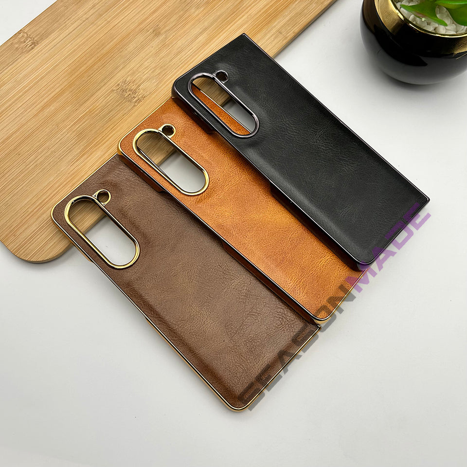 Samsung Galaxy Z Fold6 Gold Plated Leather Case With Front Glass Protection - Brown