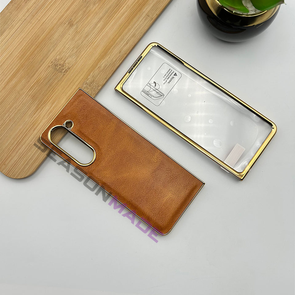 Samsung Galaxy Z Fold6 Gold Plated Leather Case With Front Glass Protection - Brown