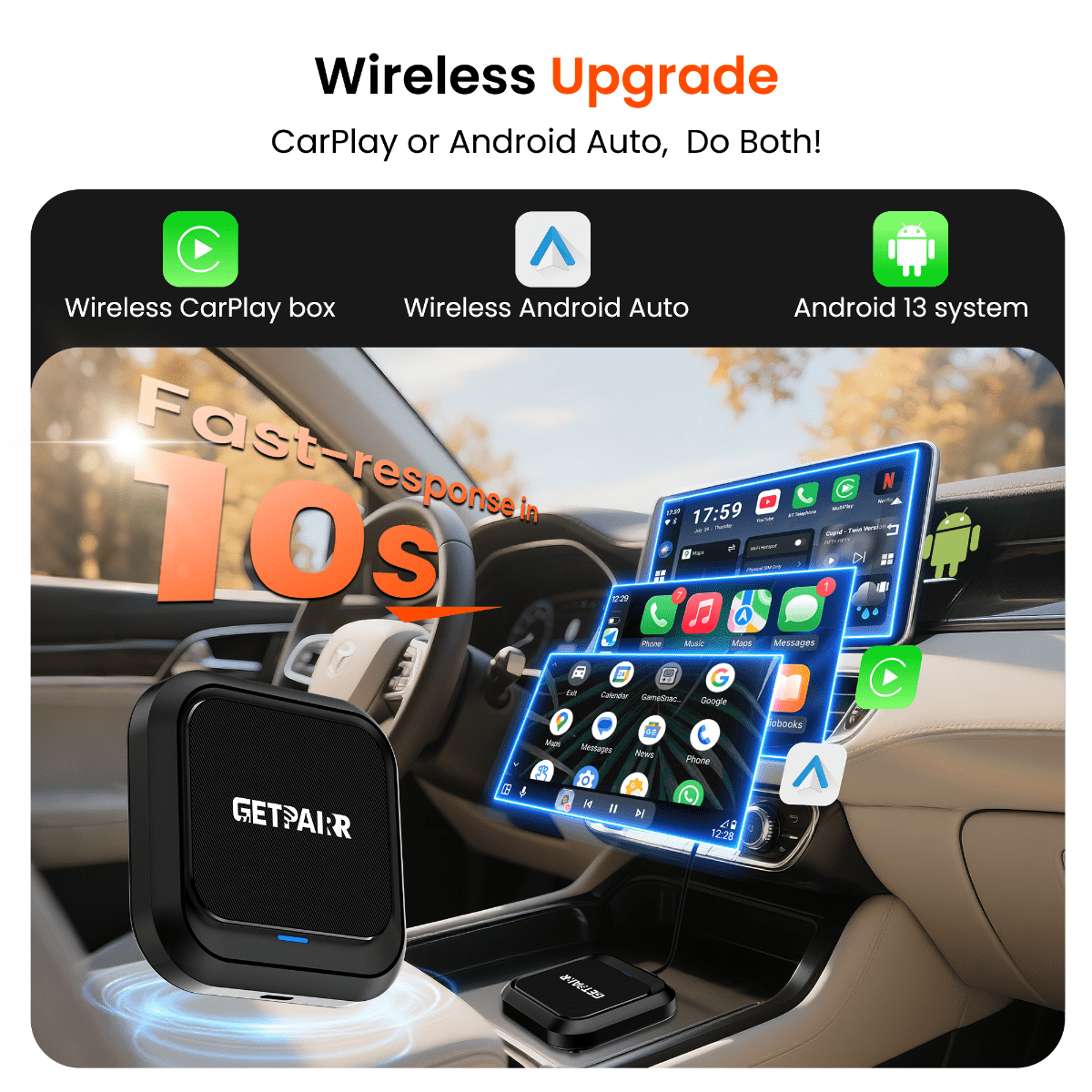 Galaxy GetPairr AI Box 2.0 (compatible with all cars ) , Android 13 ,8 Gb ram , 128 Gb storage, Wireless | Carplay Android Auto 3 in 1
