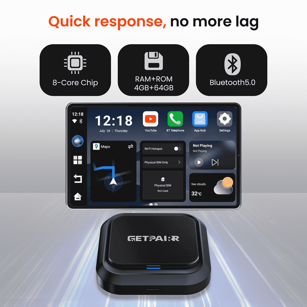 Galaxy GetPairr AI Box 2.0 (compatible with all cars ) , Android 13 ,8 Gb ram , 128 Gb storage, Wireless | Carplay Android Auto 3 in 1