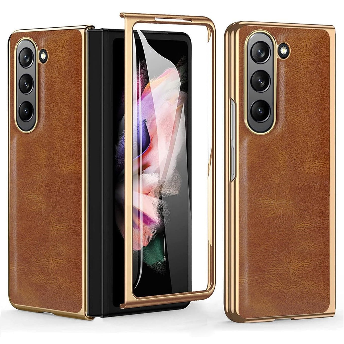 Samsung Galaxy Z Fold6 Gold Plated Leather Case With Front Glass Protection - Brown