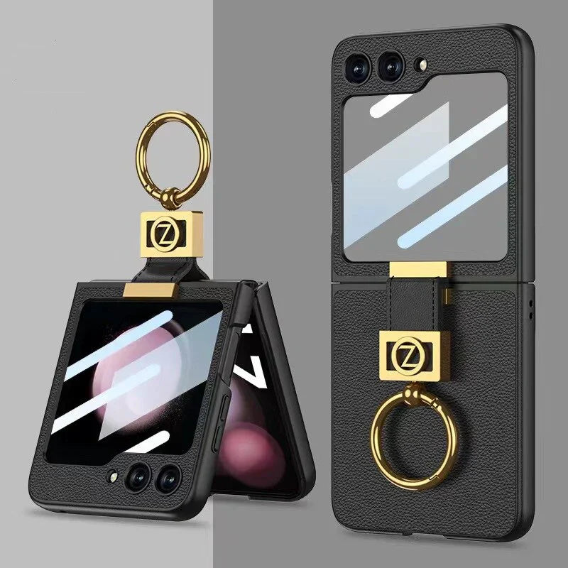 Leather Case With Z Finger Ring & Lens Glass For Galaxy Flip