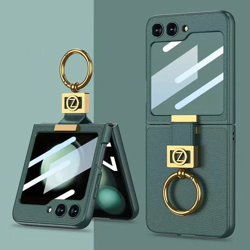 Leather Case With Z Finger Ring & Lens Glass For Galaxy Flip