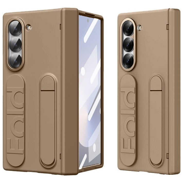 Samsung galaxy Z Fold 6 Matte Skin Feel Band Stand Case with Inbuilt Front Glass & HInge Protection - Sand