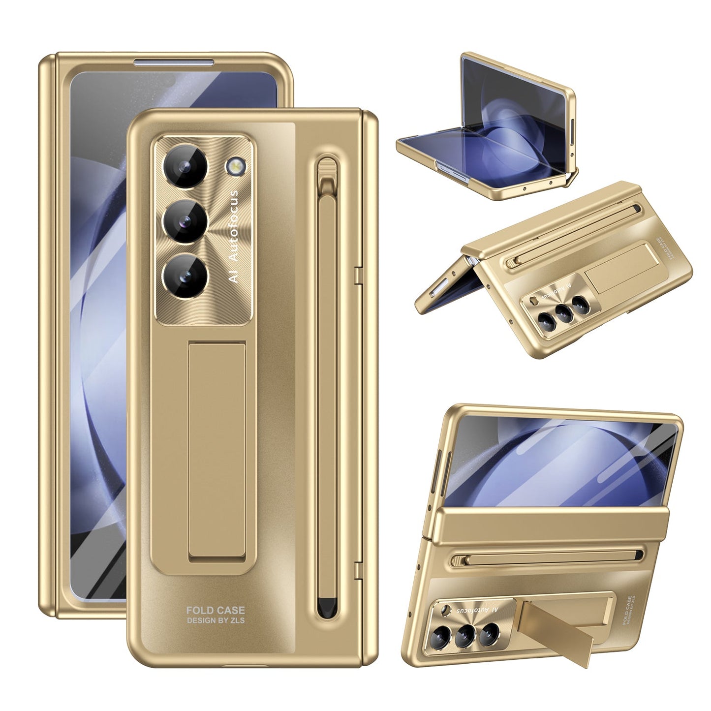 Samsung Galaxy Z Fold 6 Autofucos Electroplating Case with Kickstand, S Pen & Front Glass Protection - Gold