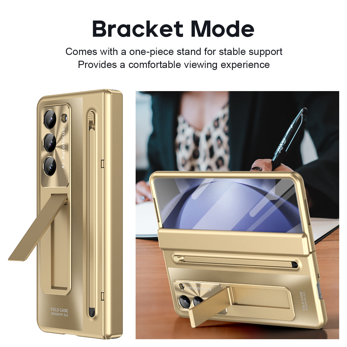 Samsung Galaxy Z Fold 6 Autofucos Electroplating Case with Kickstand, S Pen & Front Glass Protection - Gold