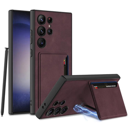 Ultra Hybrid Premium Leather Card Holder Kickstand Case for Samsung Galaxy S24 Ultra Back Case-Black