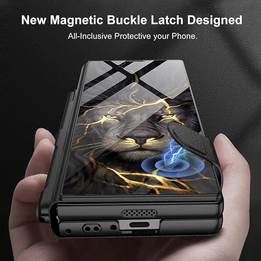 Samsung Galaxy Z Fold 6 Lion Pattern Gkk Original Glass Flip Lion Case - Black