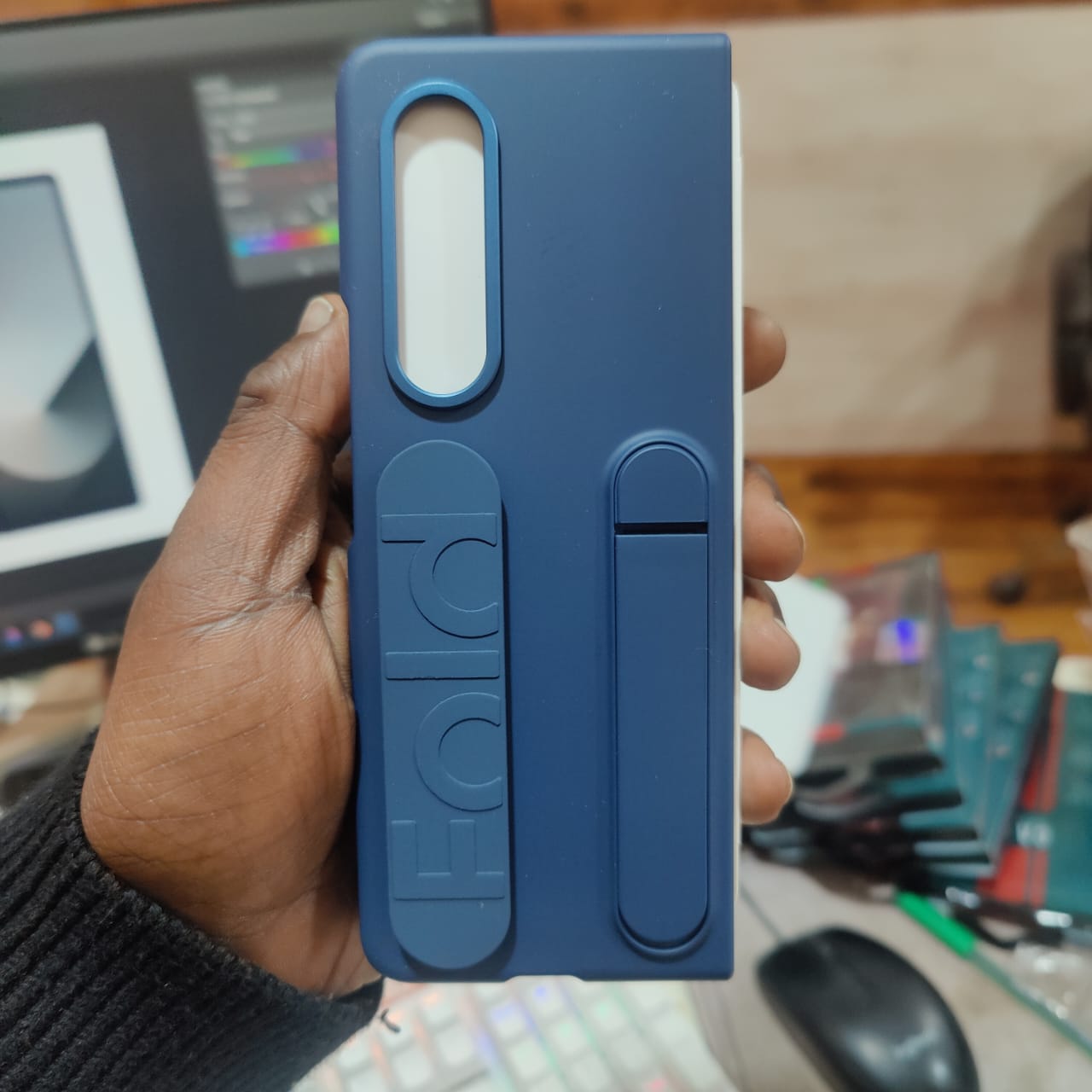 Samsung galaxy Z Fold 6 Matte Skin Feel Band Stand Case with Inbuilt Front Glass & HInge Protection - Blue