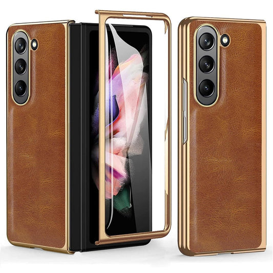 Samsung Galaxy Z Fold6 Gold Plated Leather Case With Front Glass Protection - Brown