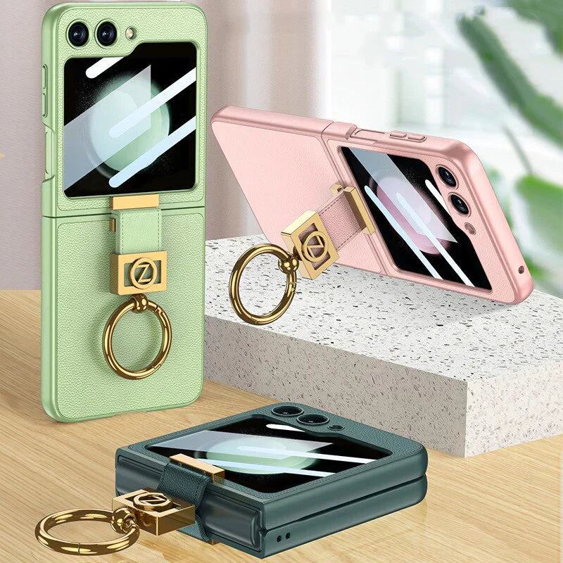 Leather Case With Z Finger Ring & Lens Glass For Galaxy Flip