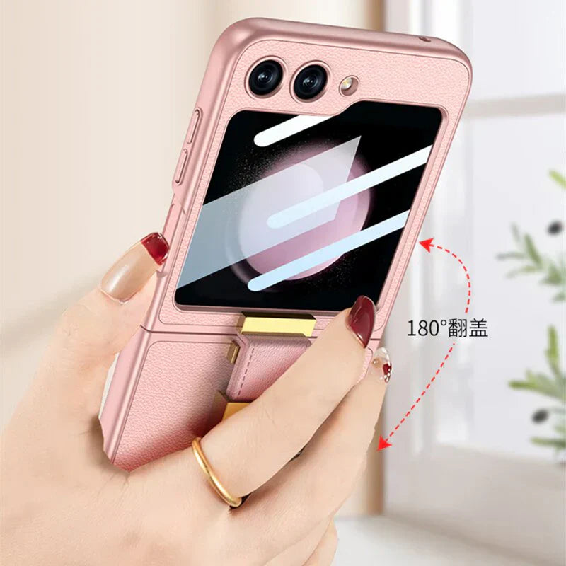 Leather Case With Z Finger Ring & Lens Glass For Galaxy Flip