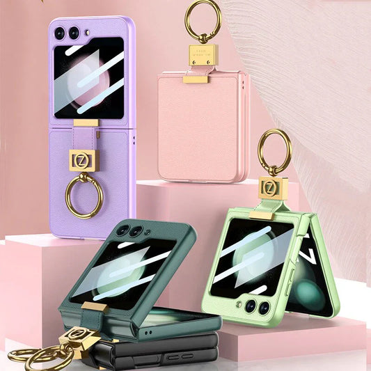 Leather Case With Z Finger Ring & Lens Glass For Galaxy Flip