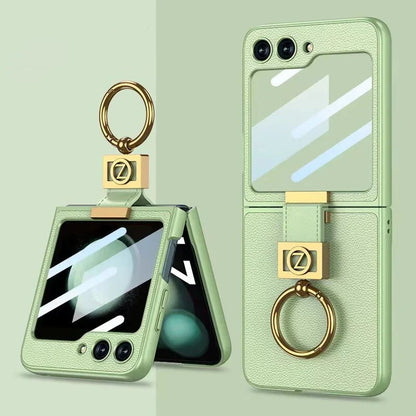 Leather Case With Z Finger Ring & Lens Glass For Galaxy Flip