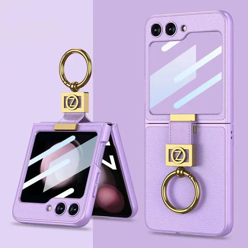 Leather Case With Z Finger Ring & Lens Glass For Galaxy Flip