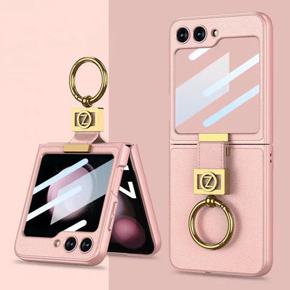 Leather Case With Z Finger Ring & Lens Glass For Galaxy Flip