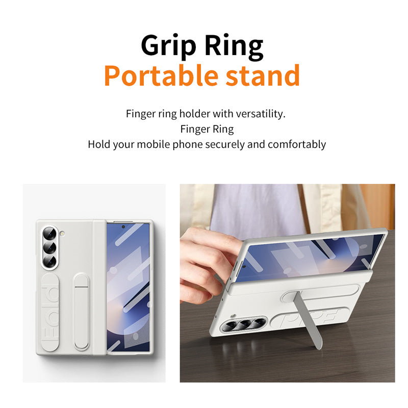 Samsung galaxy Z Fold 6 Matte Skin Feel Band Stand Case with Inbuilt Front Glass & HInge Protection - Sand