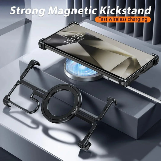 Samsung Galaxy 24 Ultra Metal Bumper Magsafe Case With Finger Ring Holder - Black
